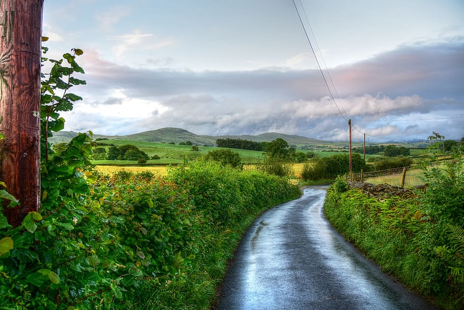 road, hills, landscape, walking path, hiking, threatening sky HD wallpaper