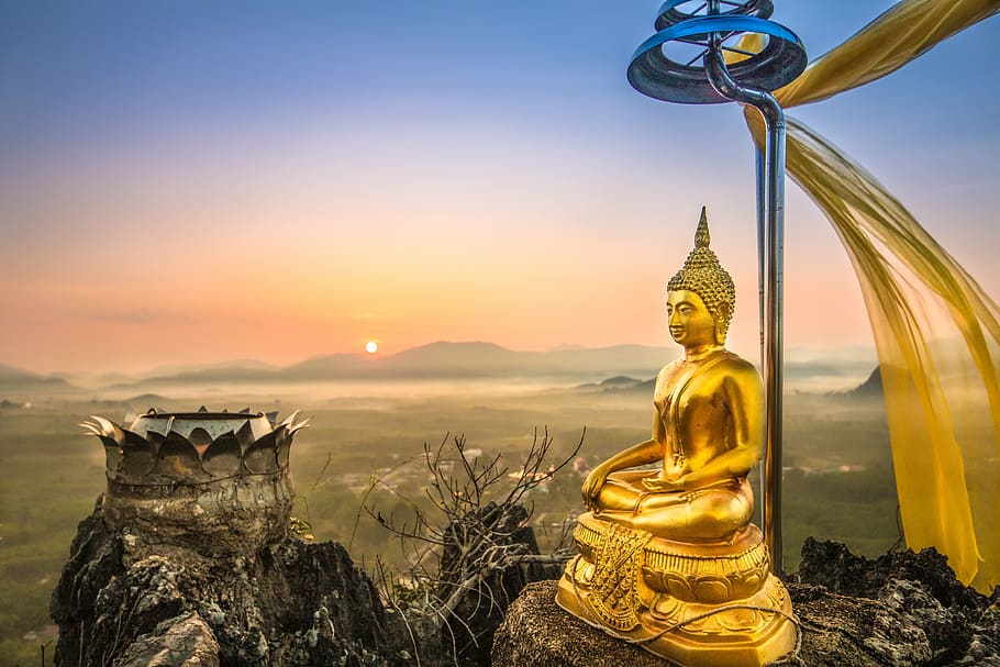 gold buddha figurine on mountain, a beautiful view, พระ, HD wallpaper