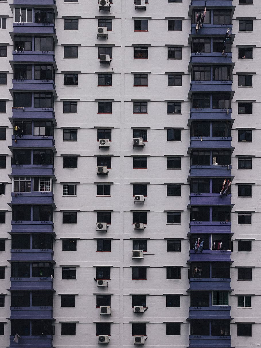 white and purple concrete high-rise building view during daytime, selective focus photography of purple and white building HD wallpaper