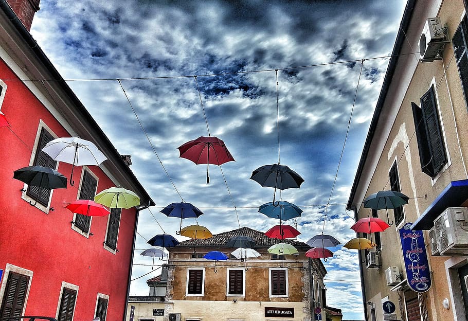 Umbrella, Screens, Clouds, Colorful, sky, home, window, mood HD wallpaper