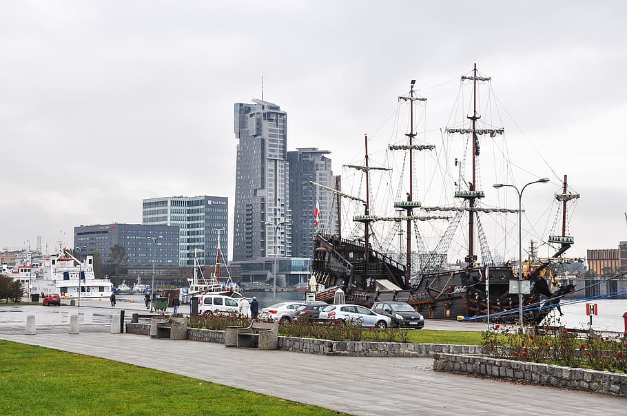gdynia, ships, haven, square, monument, city, western pomerania, HD wallpaper