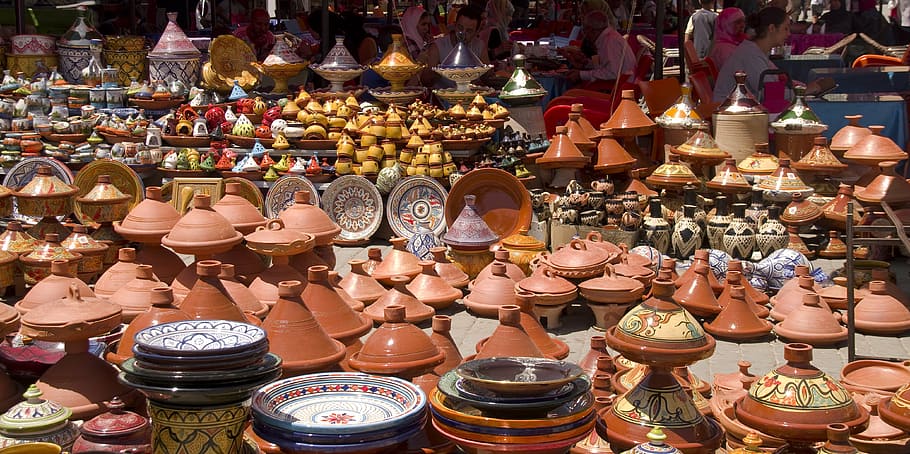 assorted-colored plate and jar lot, market, morocco, souk, meknes