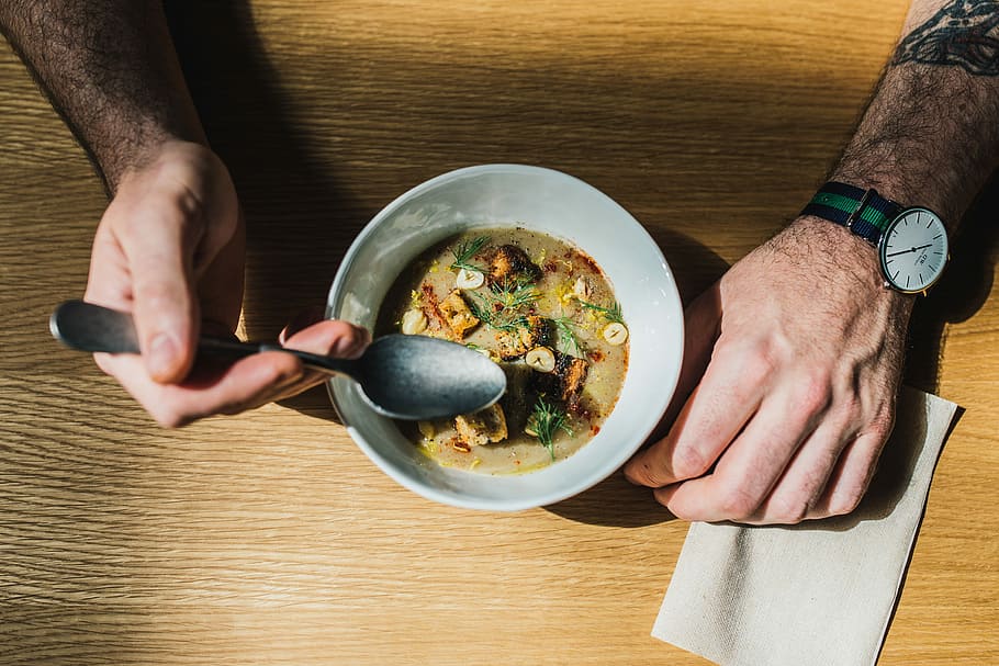 Mushroom soup, bowl, dinner, dish, hands, lunch, person, restaurant HD wallpaper