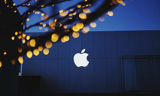 white Apple company logo, bokeh, building, lights, illuminated HD wallpaper