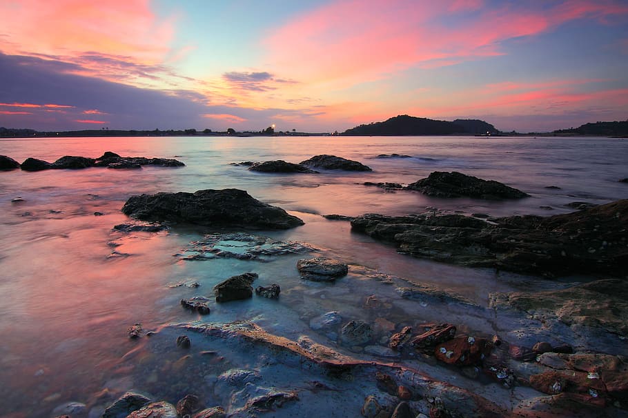 sea, dawn, landscape, nature, beach, clouds, dusk, evening, island HD wallpaper