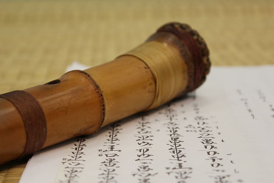brown wooden wind instrument on paper, japanese flute, character, HD wallpaper