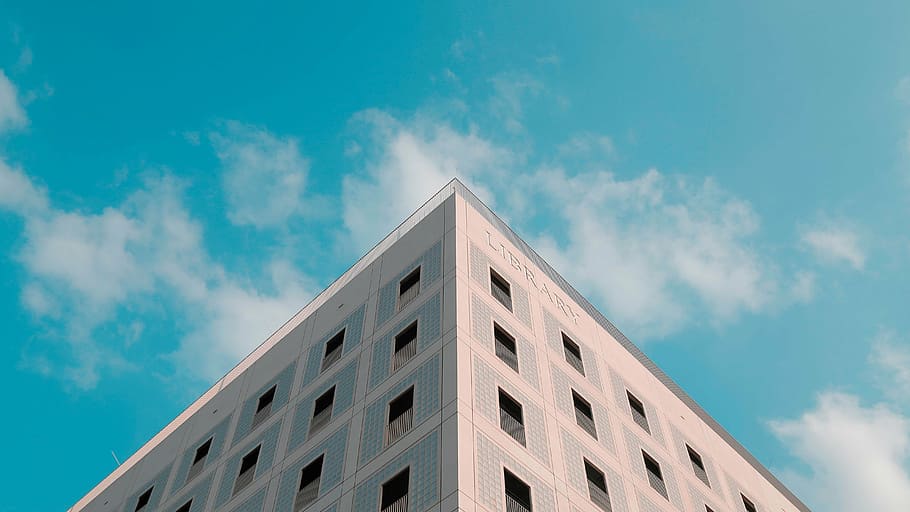 the triangular composition, building, blue sky and white clouds HD wallpaper