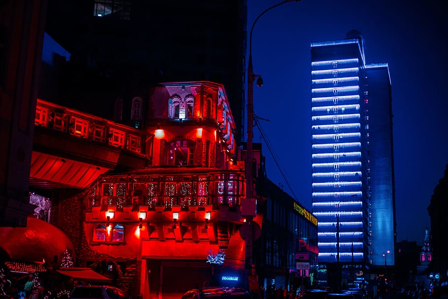 building with red lights during daytime, Moscow, Night, Lights
