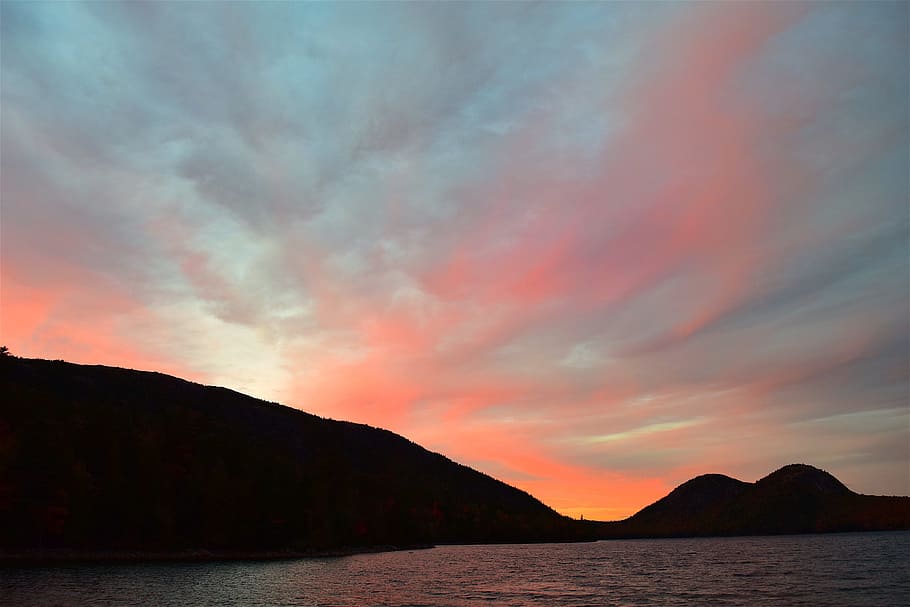 sunset, sky, lake, clouds, dusk, trees, mountain, nature, landscape HD wallpaper
