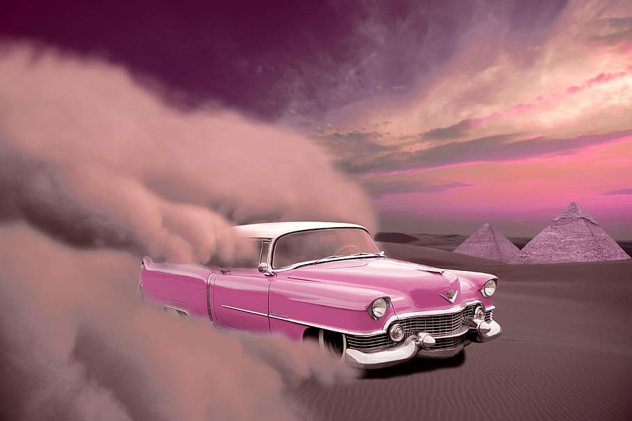 pink Chevrolet Bel Air, car, cadillac, desert, sand, sandstorm
