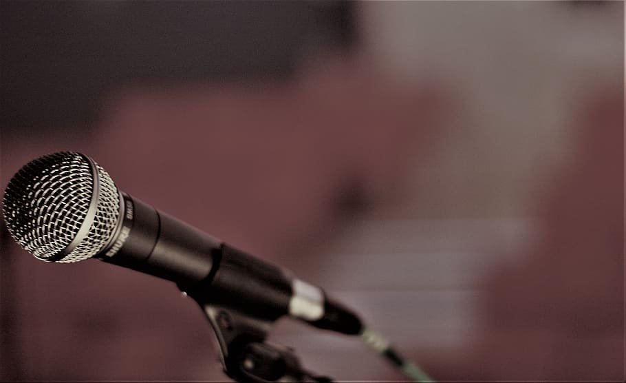 shallow focus photography of black microphone on holder, Stage