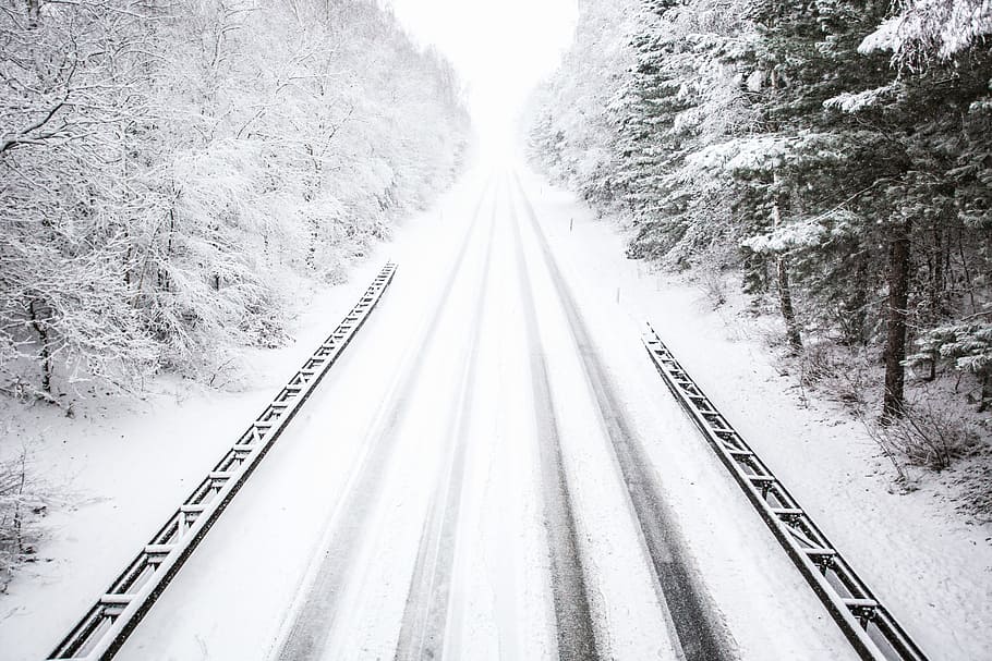 snow trail during daytime, grayscale photo of tracks, road, snowing HD wallpaper