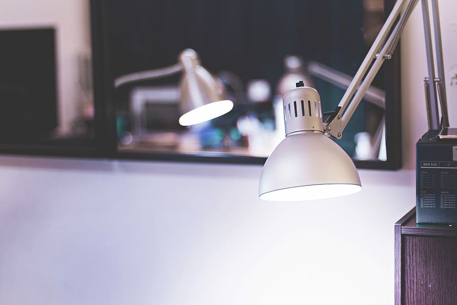 Setting, turned on gray study lamp near mirror, light, interior HD wallpaper