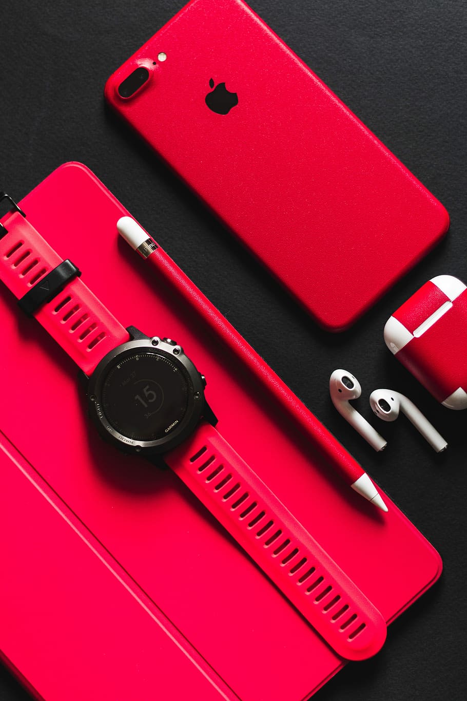smartwatch, stylus, AirPods, and product red iPhone 7 on black surface, PRODUCT RED iPhone 7 Plus, AirPods, watch, and Apple Pencil on black surface, HD wallpaper