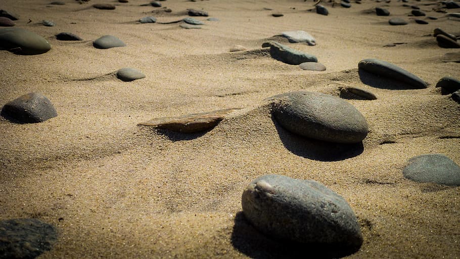 black concrete stones, rocks, beach, wind, sand, ocean, summer HD wallpaper