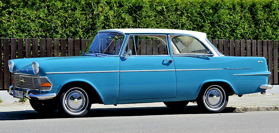 classic blue coupe on road, Opel, Record, Auto, Oldtimer, opel record