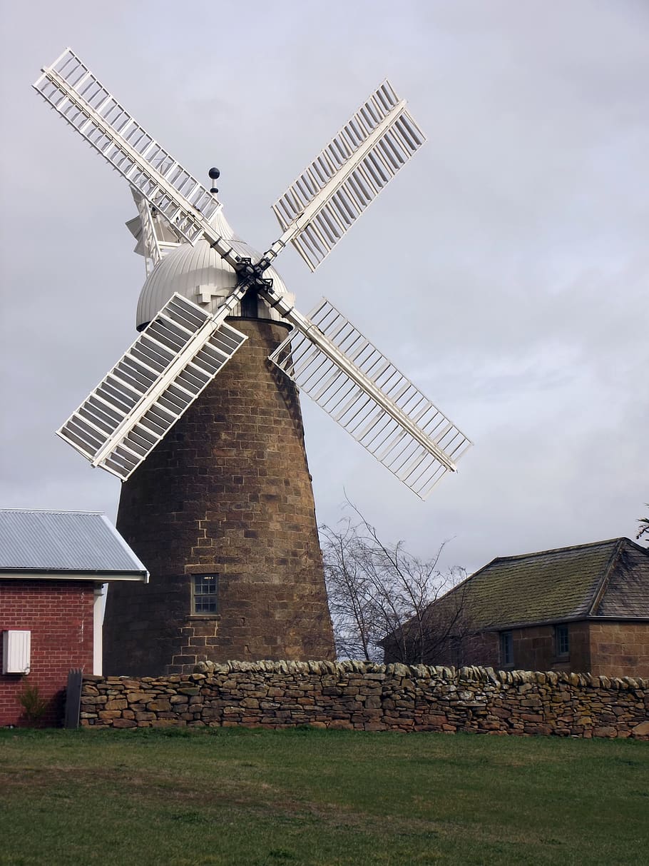 windmill, clouds, barn, farm, architecture, sky, meadow, idyllic HD wallpaper