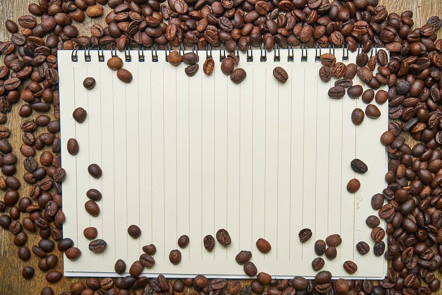 bunch of coffee beans and white notebook, core, photo, food, background, HD wallpaper