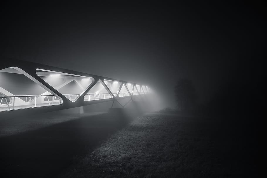bridge, architecture, lights, night, evening, foggy, black and white HD wallpaper