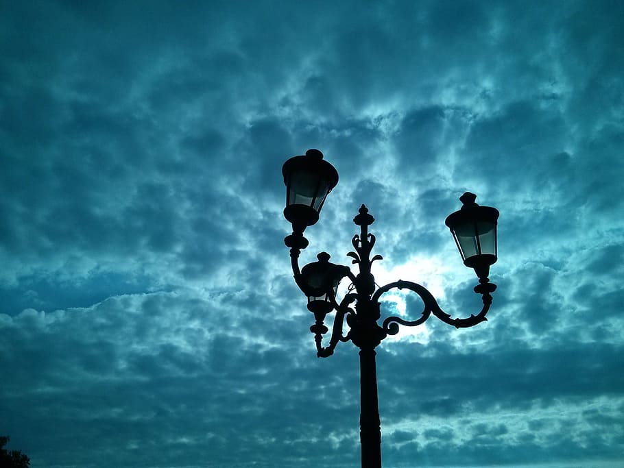 sky, lantern, street lamp, perspective, blue, clouds, architecture HD wallpaper