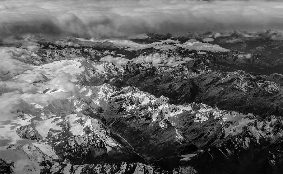 greyscale aerial photo of mountain ranges, aerial view, cloud front HD wallpaper