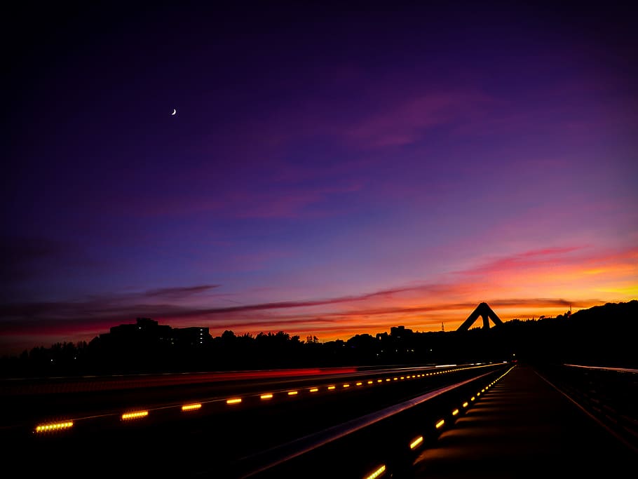 silhouette of trees during sunset, asphalt road during sunset HD wallpaper