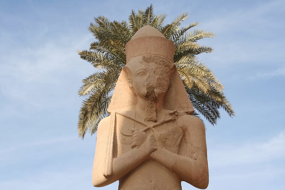 Luxor, Egypt, Pharaoh, Humor, Statue, ruins, palm, crown, sky HD wallpaper