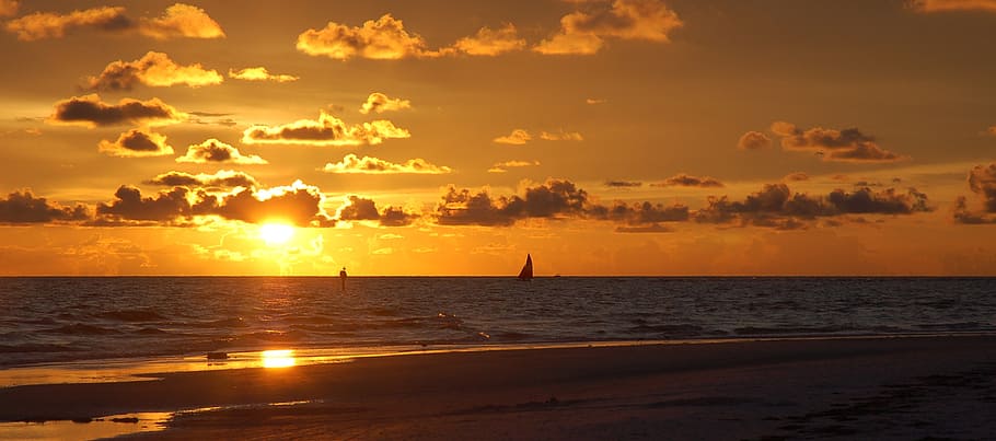 dawn on beach, sunset, siesta key, florida, sea, coast, orange sky, HD wallpaper