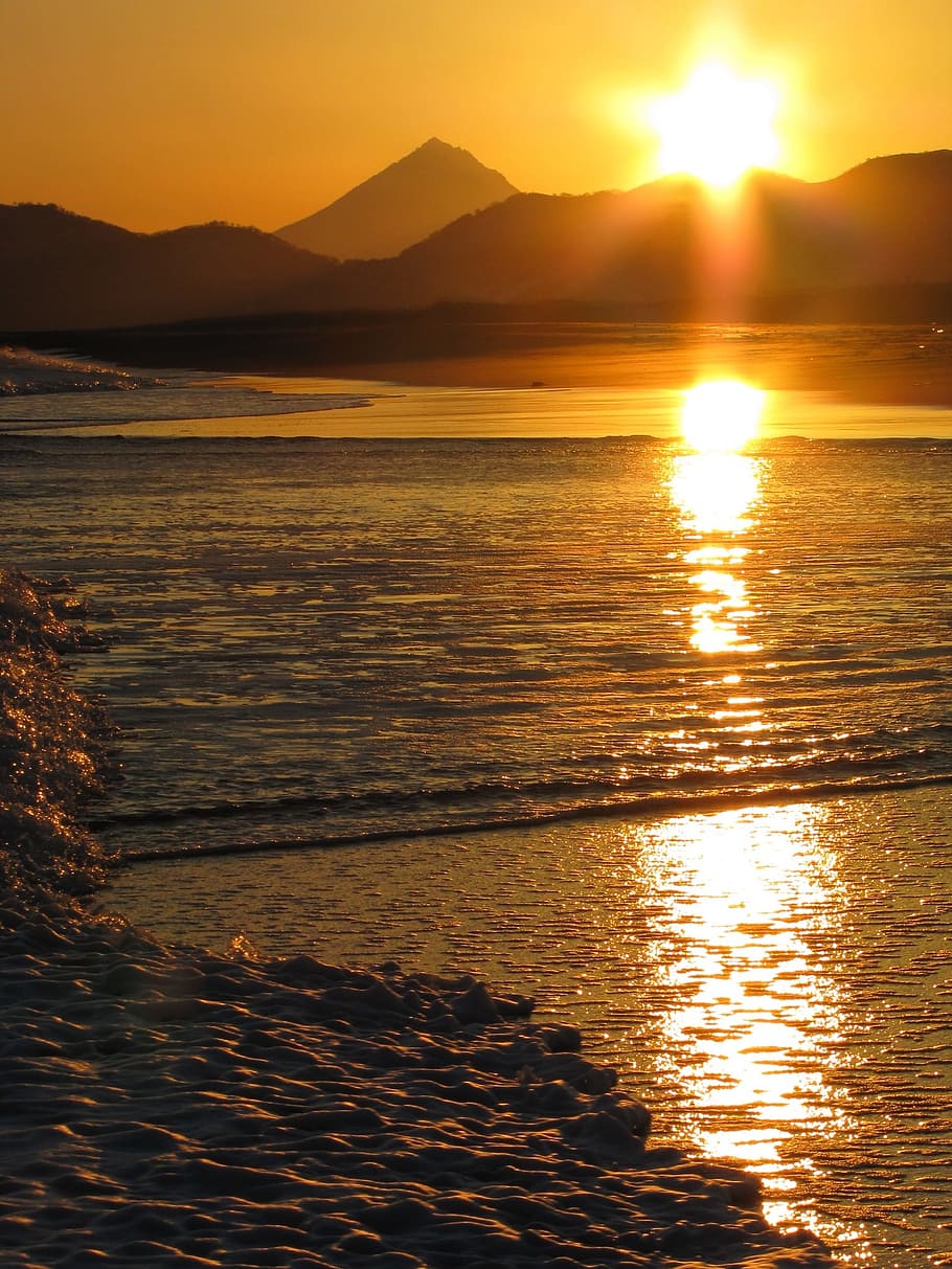 ocean, volcano, mountains, wave, sunset, seascape, surf, coast HD wallpaper