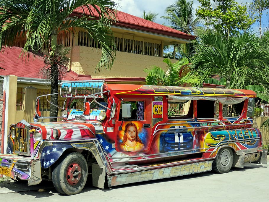 jeepney parked in front of house, bus, colorful, transport, vehicle
