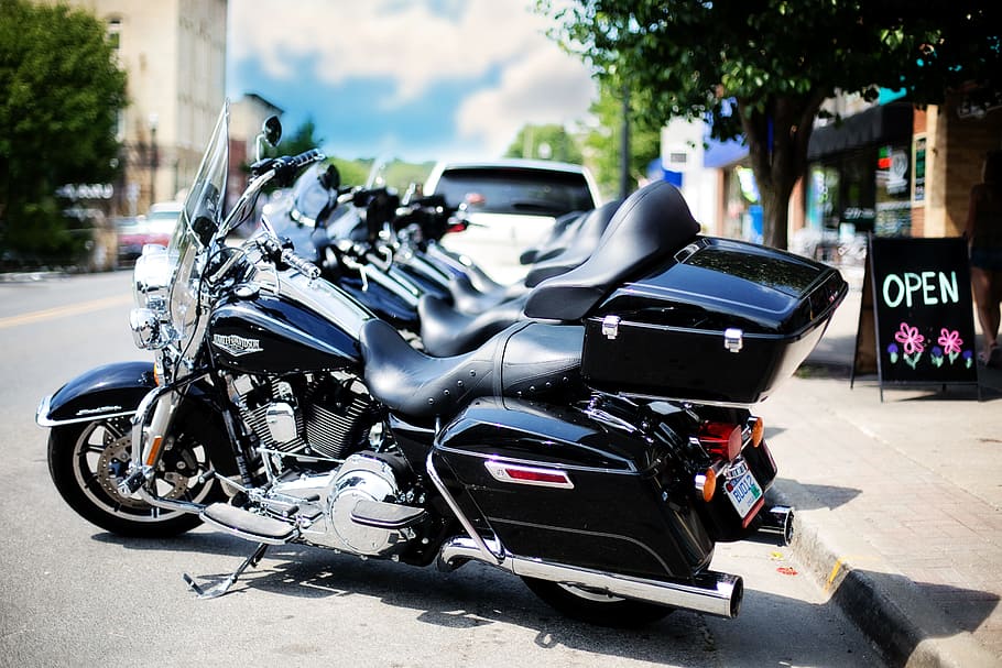 black touring motorcycles on street, Harley, Motorbike, transportation