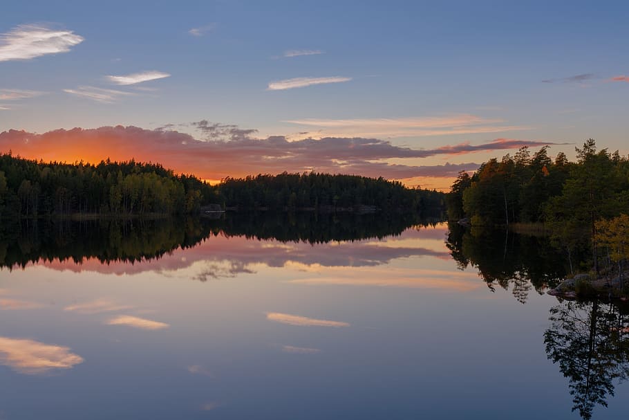 lake, water, reflection, trees, plant, forest, nature, clouds HD wallpaper