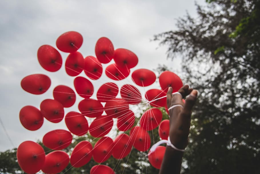 person hand holding red balloons, person holding red balloons HD wallpaper