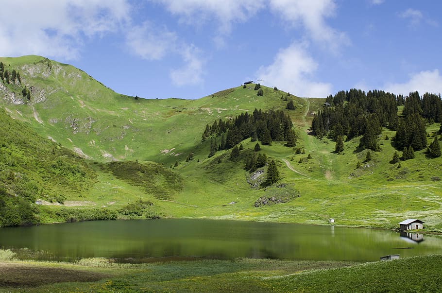 nature, landscape, mountain, trees, leaves, green, grass, clouds HD wallpaper