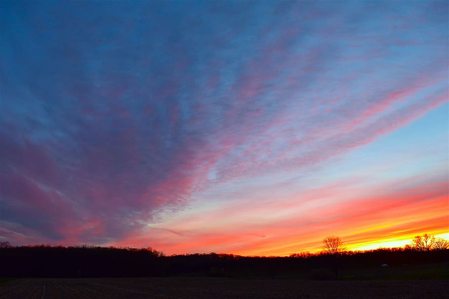 sunset, field, sky, orange, red, yellow, blue, colorful, clouds HD wallpaper