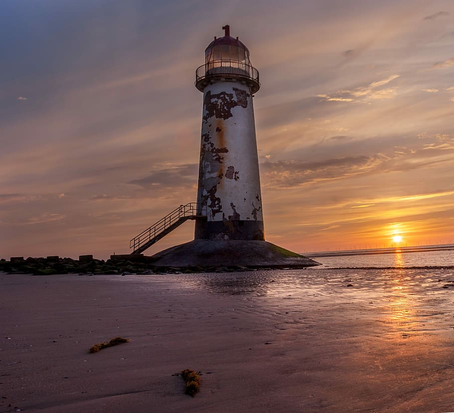Lighthouse, Marine, Landmark, sky, landscape, seascape, talacre HD wallpaper
