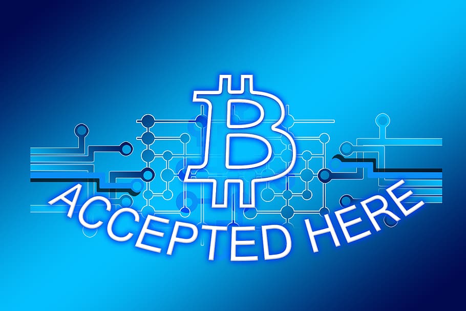 blue background with text overlay, bitcoin, money, electronic, HD wallpaper