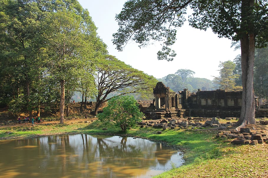 pond, ruin, angkor wat, cambodia, siam rep, architecture, buddhism, HD wallpaper