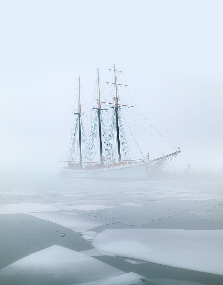 white ship painting, galleon ship surrounded by fog during daytime HD wallpaper