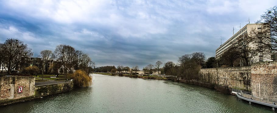River, Fulda, Clouds, Sky, homes, architecture, city, blue HD wallpaper