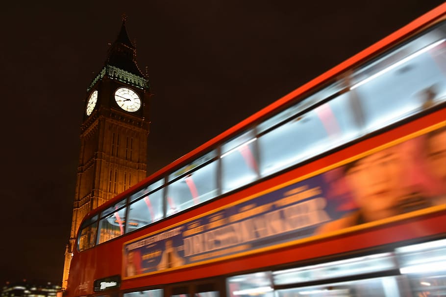 double decker bus passing Big Ben tower, London, low-angle photography of Big Ben, London, HD wallpaper