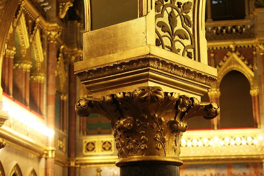 Column, Decoration, Carving, Pillar, budapest, parliament, gold HD wallpaper
