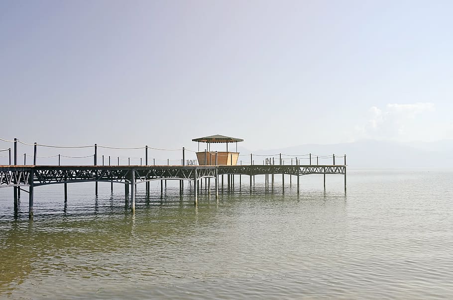 empty beach dock, photo, wooden, open, house, pier, pathway, bridge, HD wallpaper