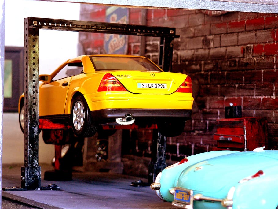 yellow coupe on lift, Car, Garage, Auto, Vehicle, Repair, automobile