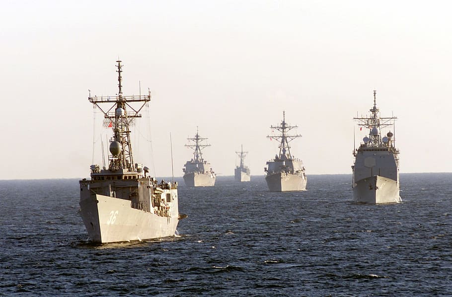 five brown fighting ships on sea, white, naval ships, sailing