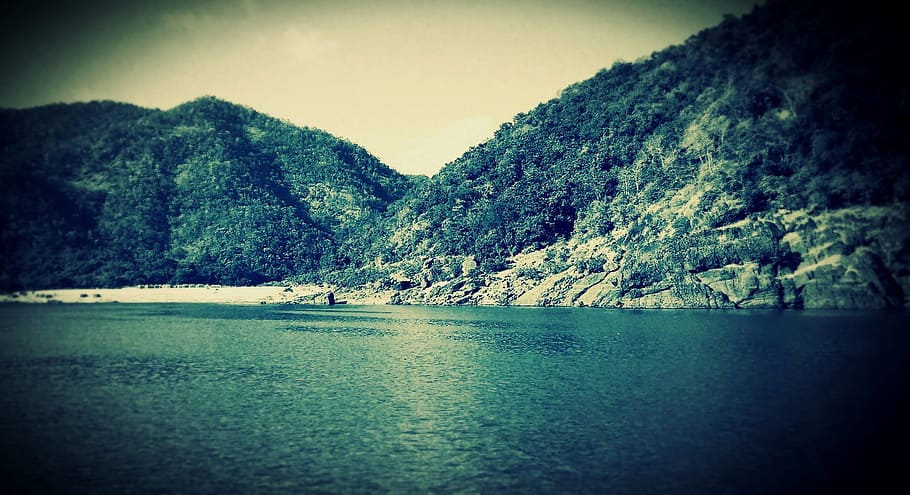 mountains, hills, river, boating, landscape, nature, water HD wallpaper