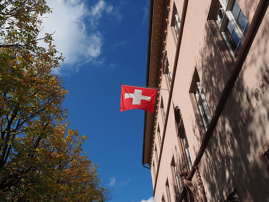 flag, switzerland, wind, flutter, cross, red, white, house HD wallpaper