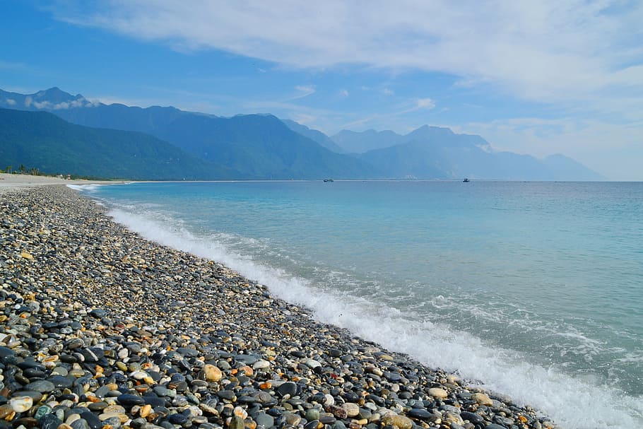 the sea, hualien, taiwan, qixing lake, cobblestone, beach, water, HD wallpaper