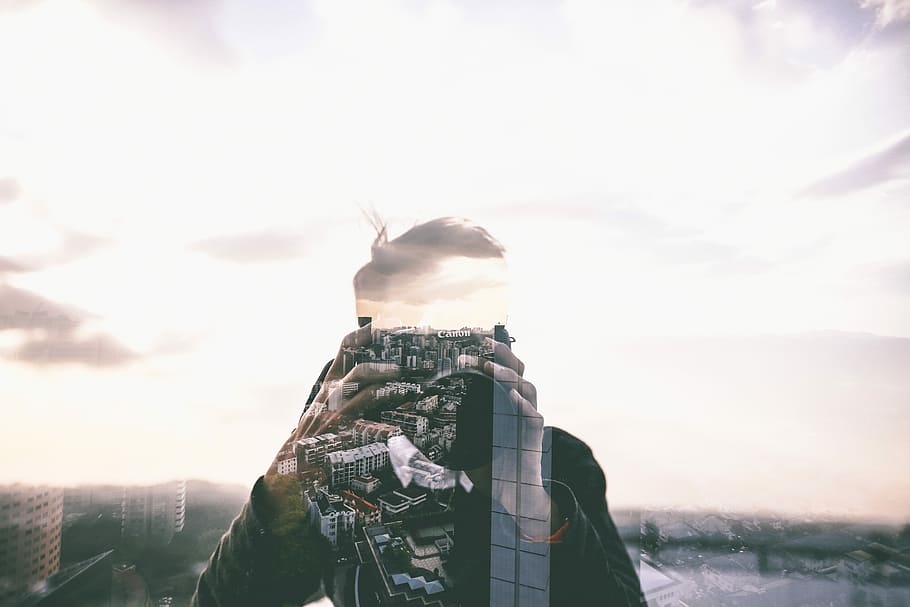 double exposure photography of man taking photo, outdoors, one Person HD wallpaper