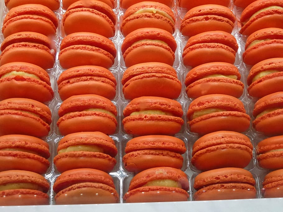 macaroons in clear plastic tray, paris, orange, macaron, food HD wallpaper